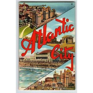 Atlantic City New Jersey Large Letter Linen Postcard Unposted Convention Hall